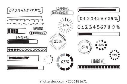 Loading bar doodle set. Hand drawn element line loading sketch style. Slow isolated download speed, progress status and internet load bar concept. . Vector illustration