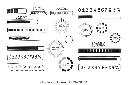 Loading bar doodle set. Hand drawn element line loading sketch style. Slow isolated download speed, progress status and internet load bar concept. . Vector illustration