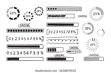 Carregando conjunto de doodles de barra. Estilo de esboço de carregamento de linha de elemento desenhado à mão. Velocidade de download isolada lenta, status de progresso e conceito de barra de carga da Internet. . Ilustração vetorial