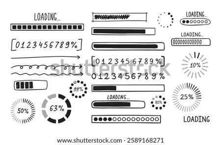 Loading bar doodle set. Hand drawn element line loading sketch style. Slow isolated download speed, progress status and internet load bar concept. . Vector illustration