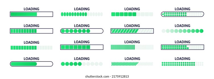 Loading bar. Download progress status, web page loading scale and upload waiting time indicator. Line buffer bars vector set. Software updating and upgrading concept. Connecting green elements