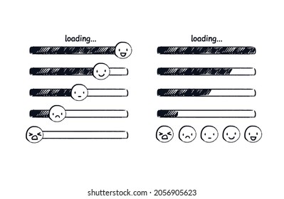 Loading bar emoji. Doodle mood indicator or hand-drawn emoticons ranging from sad to happy. Vector sketch illustration of different levels of loading a web page.