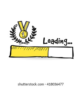 Loading bar with golden medal. Laurel wreath. Winner, competition, success concept. Olympic games, championship. Medal web icon. Sketch vector illustration.