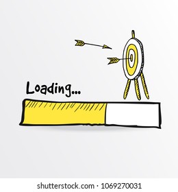 Loading bar. Hand drawn flying arrows hitt in doodle archery target, goal symbol. Success concept. Vector illustration.