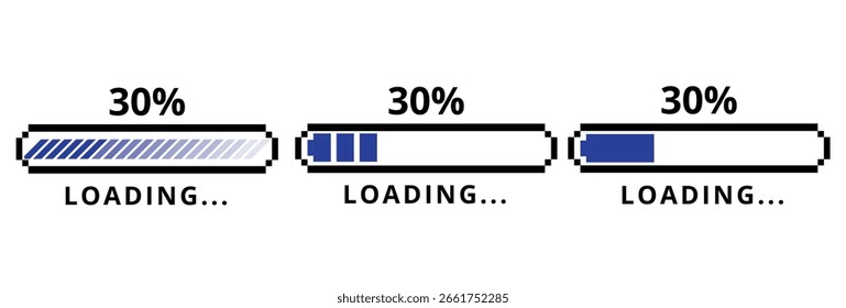 Carregando ícone da barra mostrando 30% de progresso da velocidade de upload ou download. Um elemento azul para sites e gráficos.