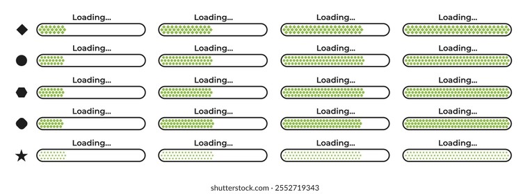 Conjunto de Vectores de iconos de barra de carga. infografía de progreso de carga en ejecución con varias Formas rellenas. colores verdes, grises del cargador. concepto de Actualizar o Mejorar del sistema de software, indicador de Recargo.