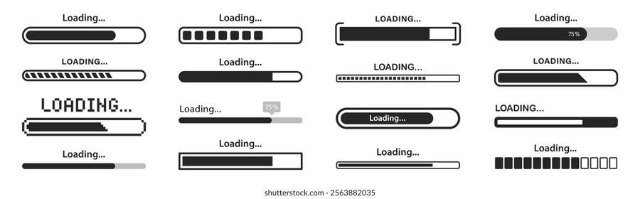 Loading bar icons set. Download and upload progress icon. Loading status, loader, indicator, load, interface, update - stock vector.