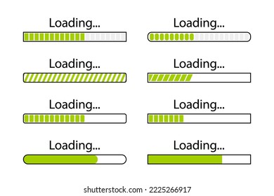 Loading bar icons set, load progress indication. Loading bar progress icons. System software update and upgrade concept. Download progress. Collection loading status, loading symbol