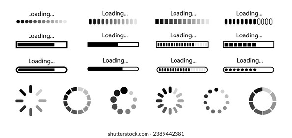 Cargando iconos de barra. Establecer el icono de progreso de la barra de carga. Colección del cargador de círculo. Estado de carga en el fondo blanco. Ilustración vectorial.