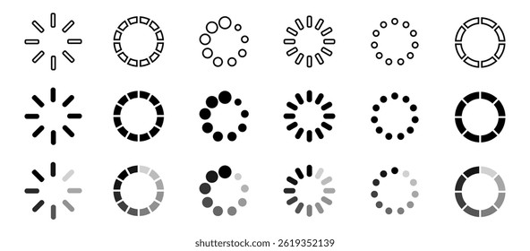 Loading bar icons. Set loading bar progress icon. Circle loader collection. Loading status on white background. Vector illustration.