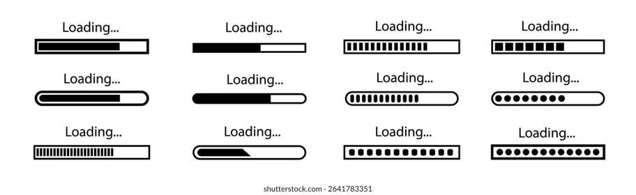 Loading bar icons. Set loading bar progress icon. Loading status on white background. Vector illustration.