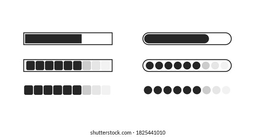 Loading bar indicator in black. Progress bar in square and round shape. Isolated simple loader. Downloading status. Set of progress bar on white background. Digital  bar counter. Vector EPS 10