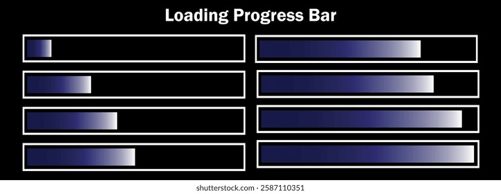 loading bar infographic icon set 0-100% in blue colour. set of percentage loading bar 10%, 20%, 70, 90%, 100% in blue color. Rectangle process symbols collection. 10EPS