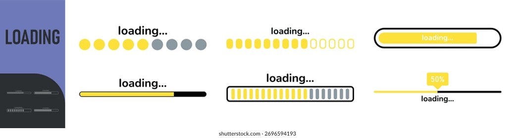 Carregando barra. Carregando ou instalando processo. Sinal de carregamento. Atualização e atualização de software do sistema. Ícones de progresso da barra de carregamento de vetor. Progresso do download. Ícones do conjunto de cores. Ilustração vetorial