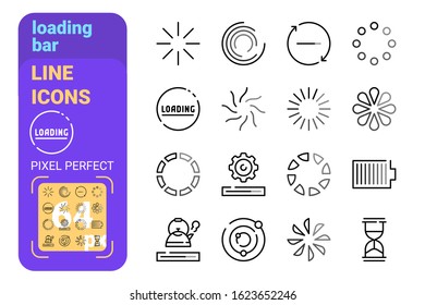 Loading bar line icons set vector illustration. Collection of preloaded design elements flat style perfect pixel. Progress bar and download sign concept