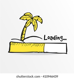 Loading bar. Palm on the tropical island. Summer holiday concept. Travel web icon. Stock vector illustration, sketch.