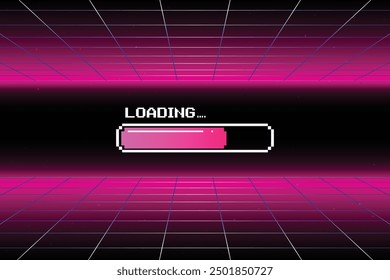 LOADING bar .pixel art .8 bit. retro game. for game assets in vector illustrations. Retro Futurism Sci-Fi Background. glowing neon grid and star from vintage arcade computer game.