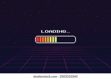 LOADING bar .pixel art .8 bit. retro game. for game assets in vector illustrations. Retro Futurism Sci-Fi Background. glowing neon grid and star from vintage arcade computer game.