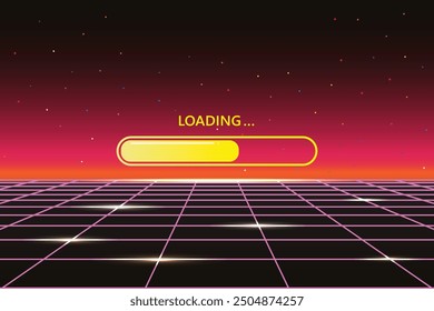 LOADING bar .pixel art .8 bit. retro game. for game assets in vector illustrations. Retro Futurism Sci-Fi Background. glowing neon grid and star from vintage arcade computer game.