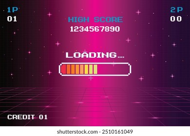 LOADING bar .pixel art .8 bit. jogo retro. para recursos de jogos em ilustrações vetoriais. Retro Futurismo Sci-Fi Background. grade de néon brilhante e estrela de vintage jogo de computador arcade.