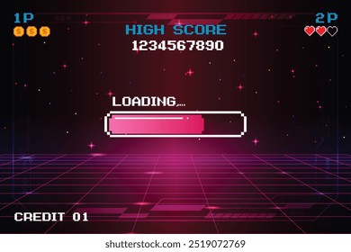 LOADING bar .pixel art .8 bit. retro game. for game assets in vector illustrations. Retro Futurism Sci-Fi Background. glowing neon grid and star from vintage arcade computer game.