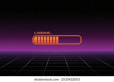 LOADING bar .pixel art .8 bit. retro game. for game assets in vector illustrations. Retro Futurism Sci-Fi Background. glowing neon grid and star from vintage arcade computer game.