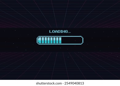 LOADING bar .pixel art .8 bit. retro game. for game assets in vector illustrations. Retro Futurism Sci-Fi Background. glowing neon grid and star from vintage arcade computer game.