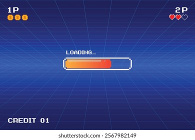 LOADING bar. pixel art. 8 bit. retro game. for game assets in vector illustrations. Retro Futurism Sci-Fi Background. glowing neon grid and star from vintage arcade computer games.