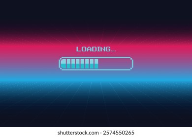 LOADING bar. pixel art. 8 bit. retro game. for game assets in vector illustrations. Retro Futurism Sci-Fi Background. glowing neon grid and star from vintage arcade computer games.