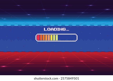LOADING bar. pixel art. 8 bit for game assets in vector illustrations. Retro Futurism Sci-Fi Background. glowing neon grid and star from vintage arcade computer game.