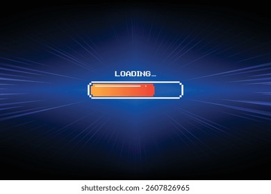 LOADING bar. pixel art. 8 bit. retro game. Retro Futurism Sci-Fi Background. glowing neon grid and star from vintage arcade computer games.