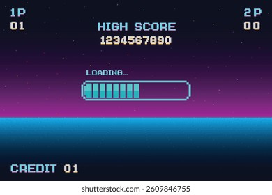 LOADING bar. pixel art. 8 bit. Retro Futurism Sci-Fi Background. glowing neon grid and star from vintage arcade computer games.