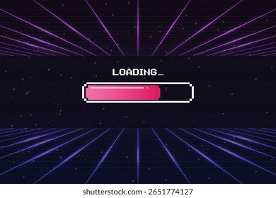 CARREGANDO barra. pixel art .8 bit. jogo retrô. para recursos do jogo em ilustrações vetoriais. Retro Futurismo Sci-Fi Background. grade de néon brilhante e estrela de vintage jogo de computador arcade.