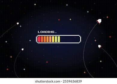 LOADING bar. pixel art. Retro Futurism Sci-Fi Background. glowing neon grid and star from vintage arcade computer game.