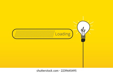 Loading bar in process with a light bulb at the end on a yellow background. Concept of ideas in the process of creation. 