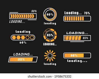 Loading bar progress icons, load sign. A set of indicators isolated on black background. Web design template, loading interface. System software update and upgrade concept. Vector illustration.