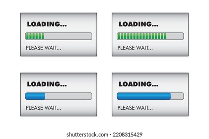 Loading. Loading bar progress icons, load sign in blue and green vector illustration. System software update and upgrade concept.