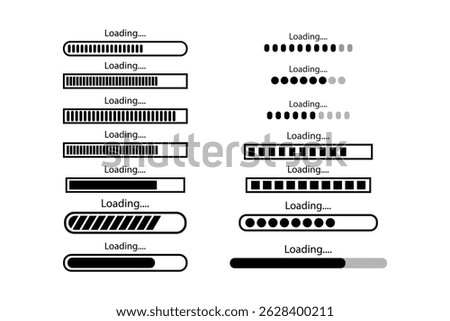 loading bar progress icons, load sign collections. Load bar, buffer loader, download or upload Horizontal bar icons. Loading status icon set. Progress indicator icons. Horizontal Load Indicators.