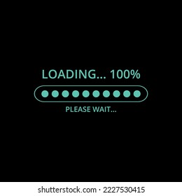 Loading bar in progress isolated on black background. Conceptual technology. Vector illustration of loading bar at 100%.
