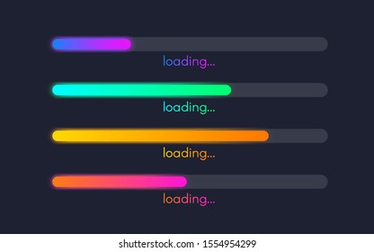 Loading bar set. Color gradient lines on dark backdrop. Progress visualization. Color web design elements. Loading status collection. Vector illustration.