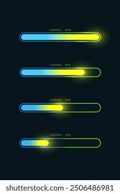 Loading bar set .Downloading process, System software update and upgrade technology concept ,flat vector design minimal green glow color, elements for video games. isolated on blue background.