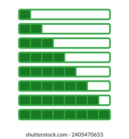 Loading Bar Set In Green Rectangle Shape From Low To Full For Waiting Process Website Game Interface
