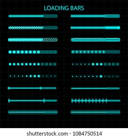 A loading bar. A set of LED, luminescent loading indicators. Graphic display. Vector illustration