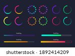 Loading bar set on dark backdrop. Waiting symbol visualization. Gradient progress lines and circles. Color loading status collection. Web design elements for app. Vector illustration.