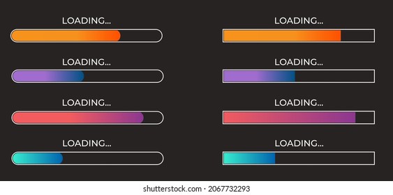 Loading bar set on dark backdrop. Progress visualization. Color gradient lines. Loading status collection. Web design elements on black background. Vector illustration
