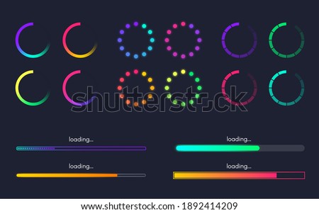 Loading bar set on dark backdrop. Waiting symbol visualization. Gradient progress lines and circles. Color loading status collection. Web design elements for app. Vector illustration.