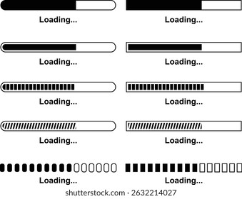 Loading bar set. Retro progress bars on white and black screens. Search vector loading vector collection isolated on transparent of loading and buffering symbols for websites, app, logo load design.