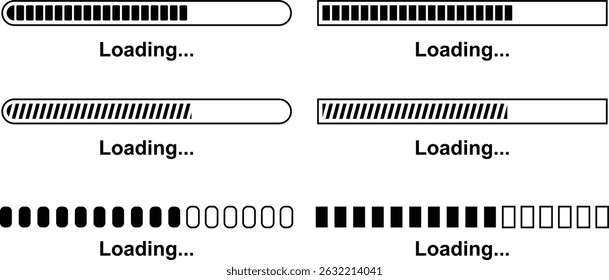 Loading bar set. Retro progress bars on white and black screens. Search vector loading vector collection isolated on transparent of loading and buffering symbols for websites, app, logo load design.