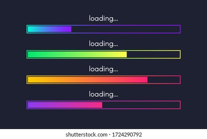 Loading bar set. Web design elements on dark backdrop. Progress visualization collection. Color gradient lines. Loading status template. Vector illustration.