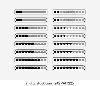 Loading bar status progress icon set. Basic flat design downloading with percentage. System software update and upgrade process sign symbol. Circle, star, heart, flower.